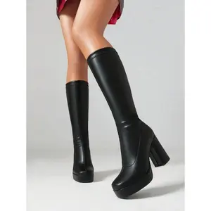 Women'sKnee-HighElasticBoots,SquareToe,Water-ResistantPlatform,ChunkyHeelsForFallAndWinter