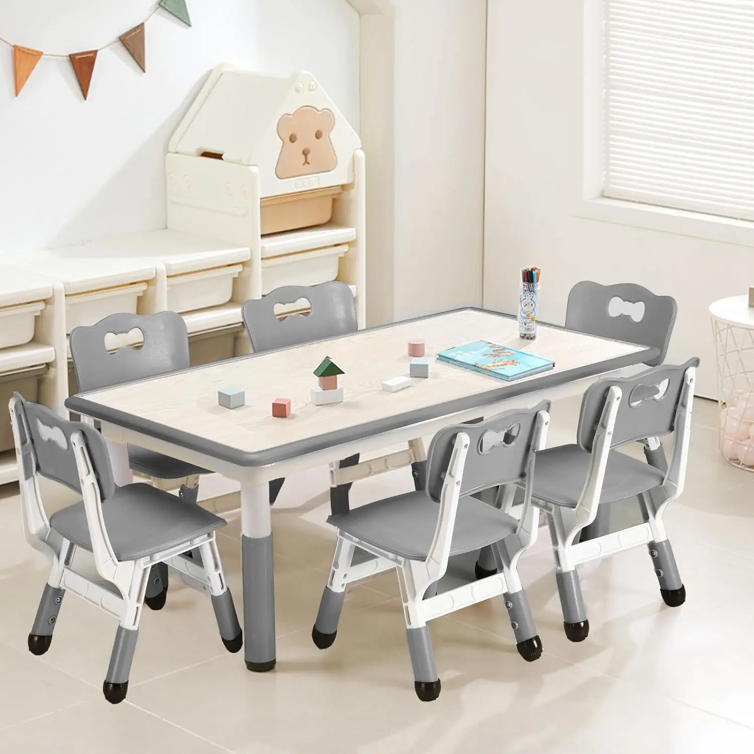 Kids Table and Chairs Set,Height Adjustable Toddler Arts & Crafts Table with 6 Seats for Ages 2-10,Graffiti Desktop, Non-Slip Legs,Max 330lbs Kids Activity Art Table for Classroom Daycares,Home Furniture Wood