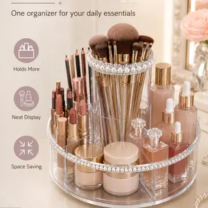 UFORU 360° Rotating Makeup Organizer with Pearl Trim, Clear Acrylic Spinning Cosmetic Storage for Vanity Bathroom Dresser Desktop, Large Capacity Makeup Brush Holder Skincare Organizer, Elegant Vanity Organizer for Women