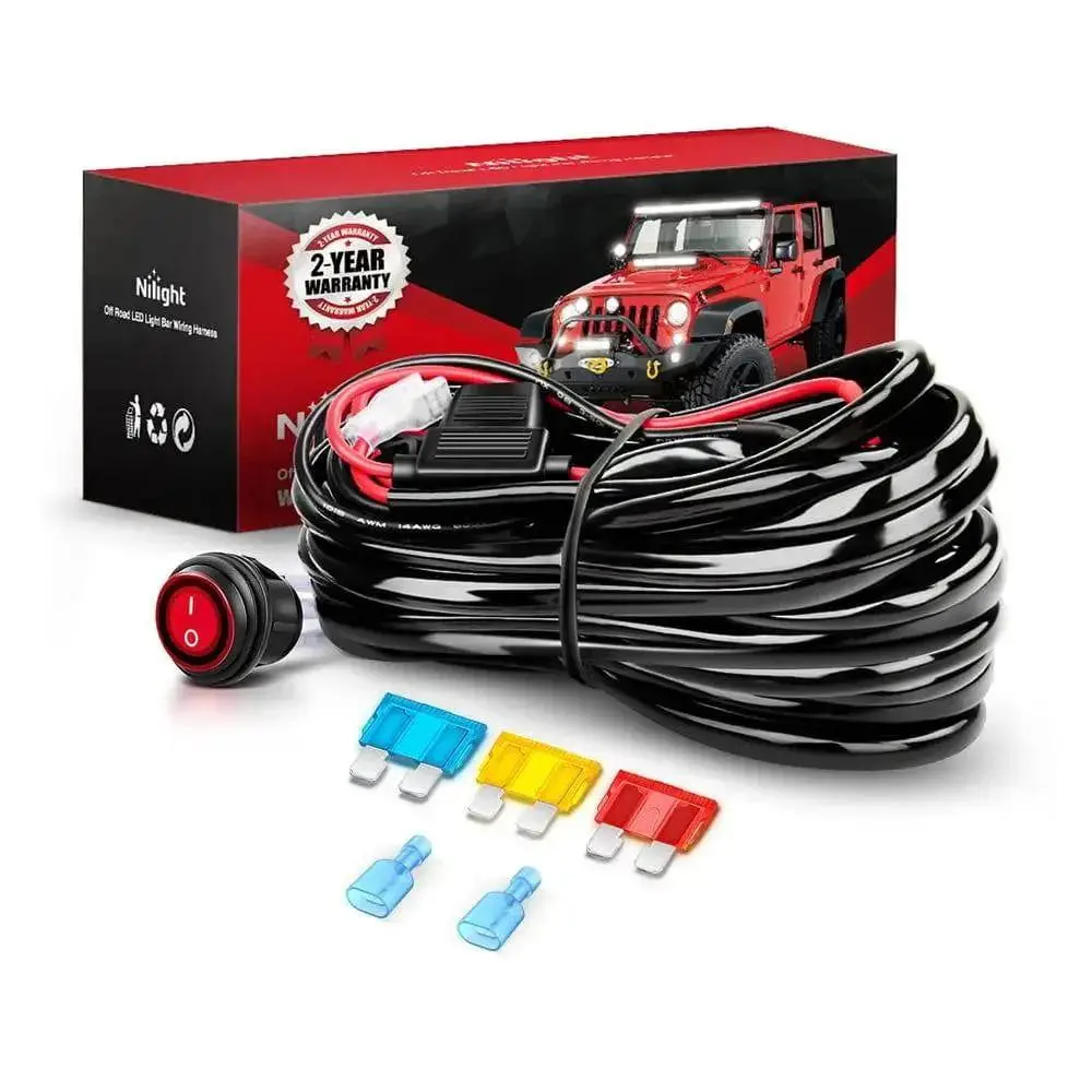 Nilight 14AWG Stranded Wire Lighting Harness Kit - 1 Lead, 1x12ft Wiring Harness, 12V 3-Pin On/Off Rocker Switch, 3 Fuses, 2 Spade Connectors, Power Relay, 300W, Water Resistant, Overload Safe for Cars, Tanks, Jeeps
