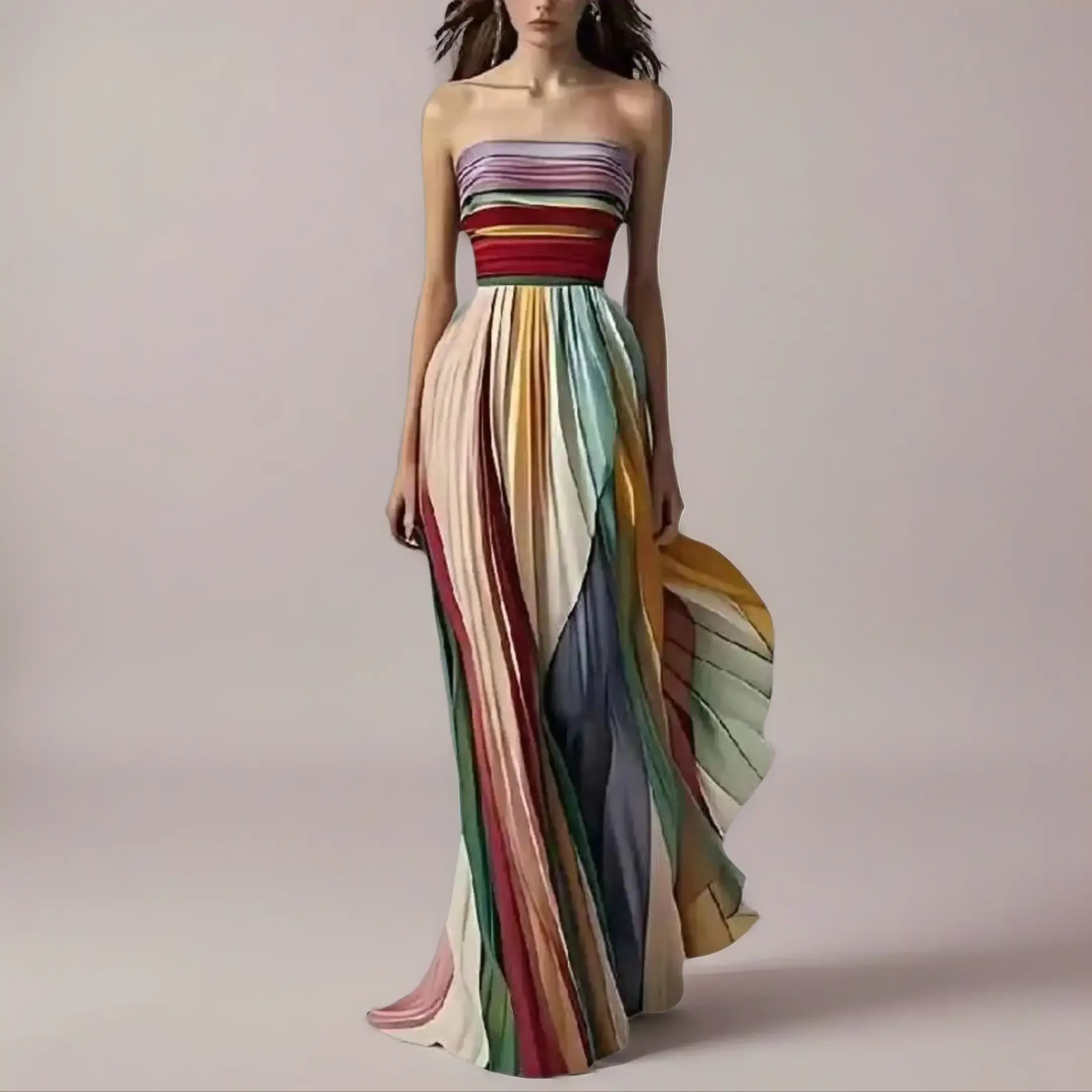 Women's Strapless Printed Colorful Cotton Maxi Casual Dress - Casual Wear, 2026 Cross-Border Independent Station Style, European & American Sexy Elegant Flattering-Fit Gown with Cotton Fabric, Maxi Casual Dresses