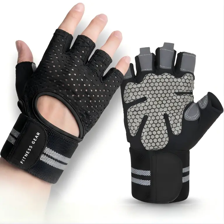 Gym Gloves for Men Women, Half-Finger Breathable Lightweight Grip Anti-Skid Performance Sports Gloves with Padded Wrist Wrap Support, Adjustable Handle Strap, Hand Protectors for Weight Lifting, Gym Training, Grip Sports Gloves