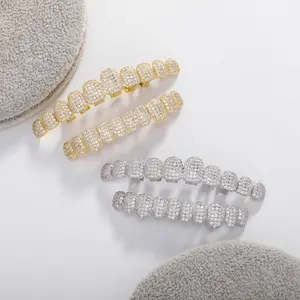 8A CZ Diamond Grillz Set - Gold & Silver Hip Hop Bling Teeth Grills, 2-Piece Full Top & Bottom Set with Fitting Kit