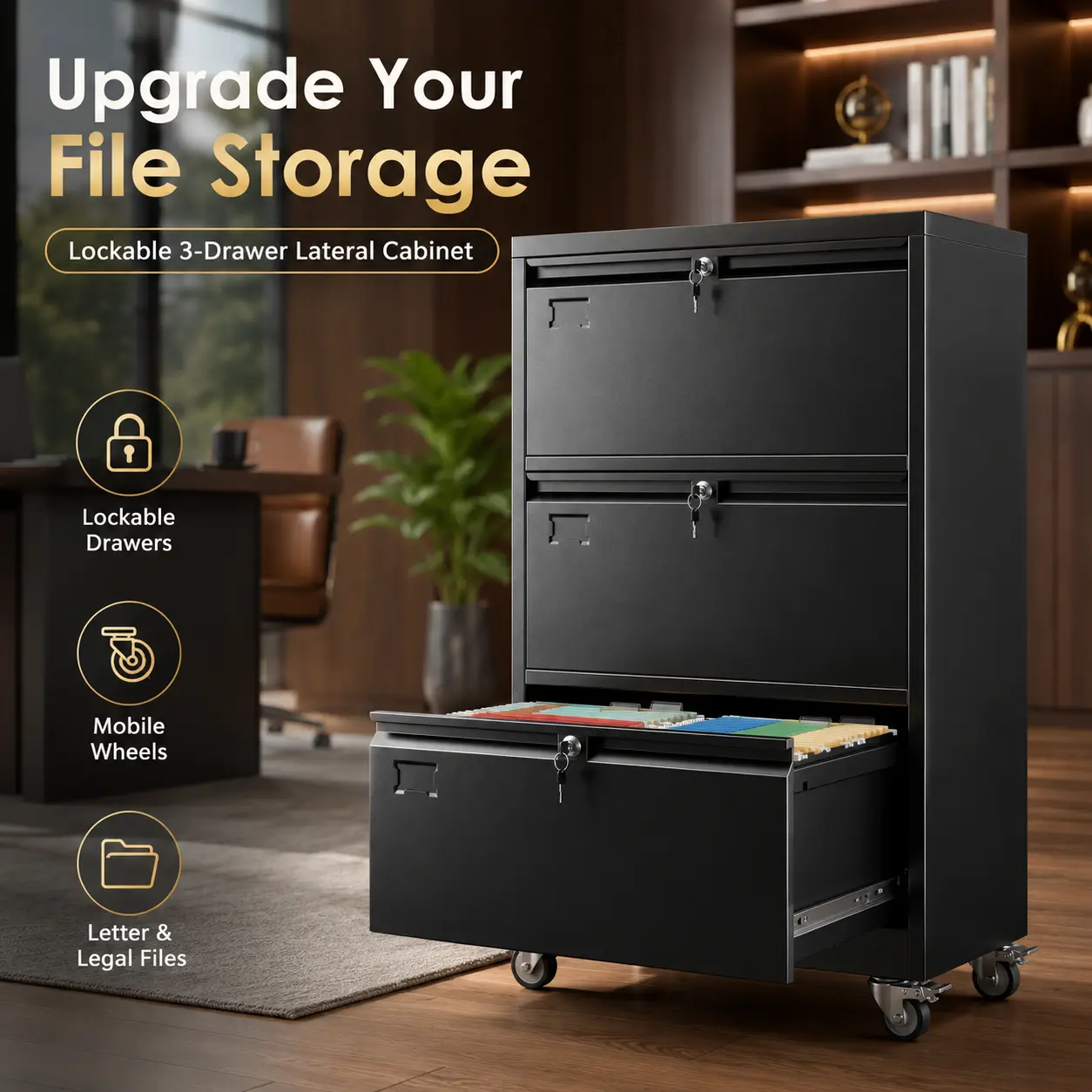 Black 3 Drawer Lateral File Cabinet with Lock, Metal Filing Cabinet on Wheels, Mobile Office Storage Cabinet for Letter Legal A4 F4 Hanging Folders, Wide File Drawers, Adjustable Rails, Anti-Tip Wall Strap for Home Office