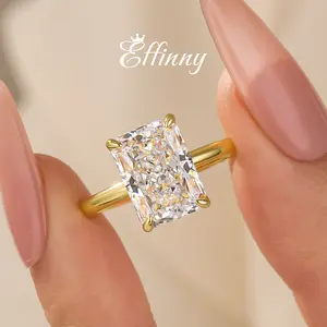 Effinny Jewelry Elongated Yellow Gold Plated Radiant Cut Engagement Ring for Women,AAAAA Cubic Zirconia Solitaire Promise Ring in 925 Sterling Silver