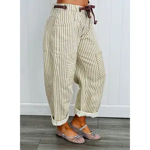 Oatmeal Striped Twill Barrel Pants (Reg & Plus)