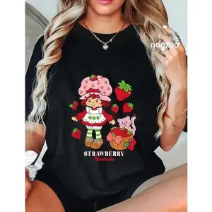 100%25 Cotton Unisex Strawberry Shortcake & Kitty Custard Vintage T-Shirt Casual Top 7JI