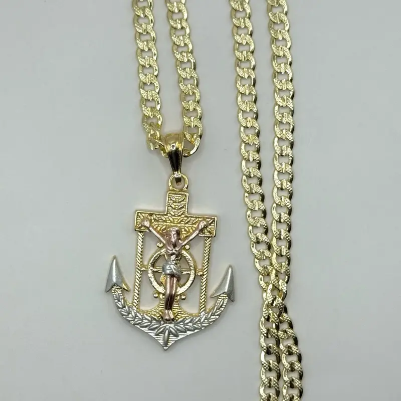 Anchor with Christ On The Cross Cuban Chain Gold Plated 24 Inch Oro Laminado Necklace Tricolor-Jesus Es Mi Ancla