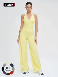 Women's Sporty Two-Piece Set, Workout Sets, Backless Tight-Fitting Vest & High Waist Wide Leg Pants Set, Outdoor Running Sports Wear, Ideal for Yoga Gym Workout, Casual Comfy Daily Wear, Solid Tracksuits Set, Athletic Activewear
