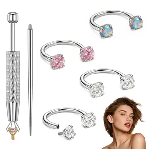 Sicbumi 4pcs 20G(0.8mm) Horseshoe Nose Hoop Titanium Steel Internally Threaded Gems Nose Ring with Free Ball Holder & Guiding Needle