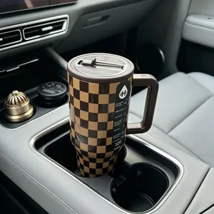 Hydrojug Brown Checkerboard Insulated Tumbler 40 oz -Perfect for Fall/Winter Commute & Office Use daily life drinkcup with straw gift elegant valentine racing water bottle easydrinking girl large capacity holiday