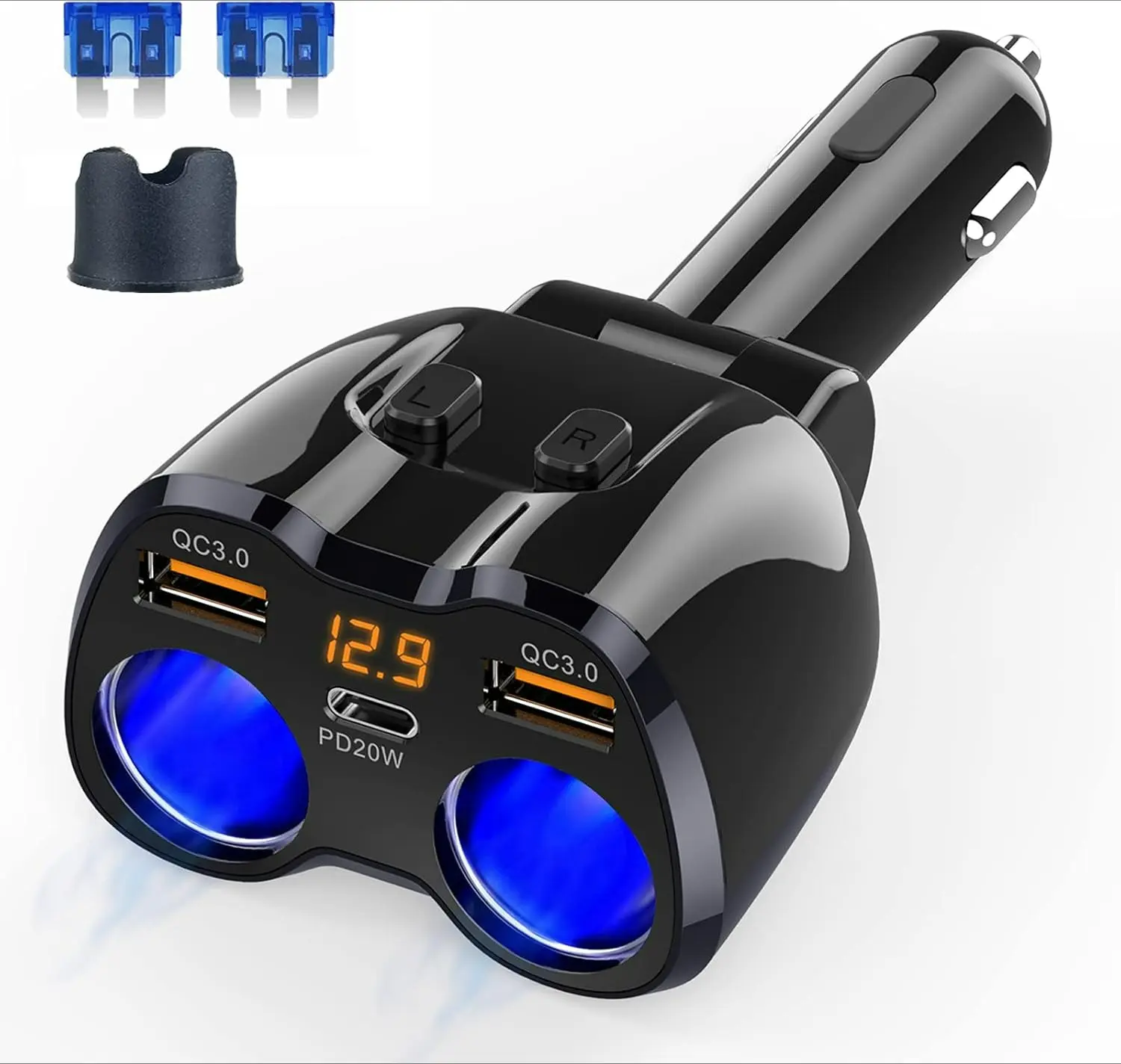 DIBMS 180W 2-Socket Cigarette Lighter Splitter with Ultra-Fast Charging, Adaptive Fast USB Car Charger, Dual QC3.0 & 20W USB-C Car Charger for GPS, Dash Cam, Laptop, iPad, iPhone