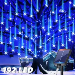 1Pack 8-Tube Solar Meteor Waterfall Lights - 192 LED, Outdoor Hanging Fairy Lights with Blinking Meteor Shower (IPX4) - for Eaves, Christmas Trees, Patios, Porches, Gardens; for Christmas, Thanksgiving, Halloween, Wedding, Party, Birthday, Festive