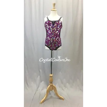 Black Lycra Leotard w/Sewn On Fuchsia/Pink Sequins and Rhinestones - Swarovski Rhinestones