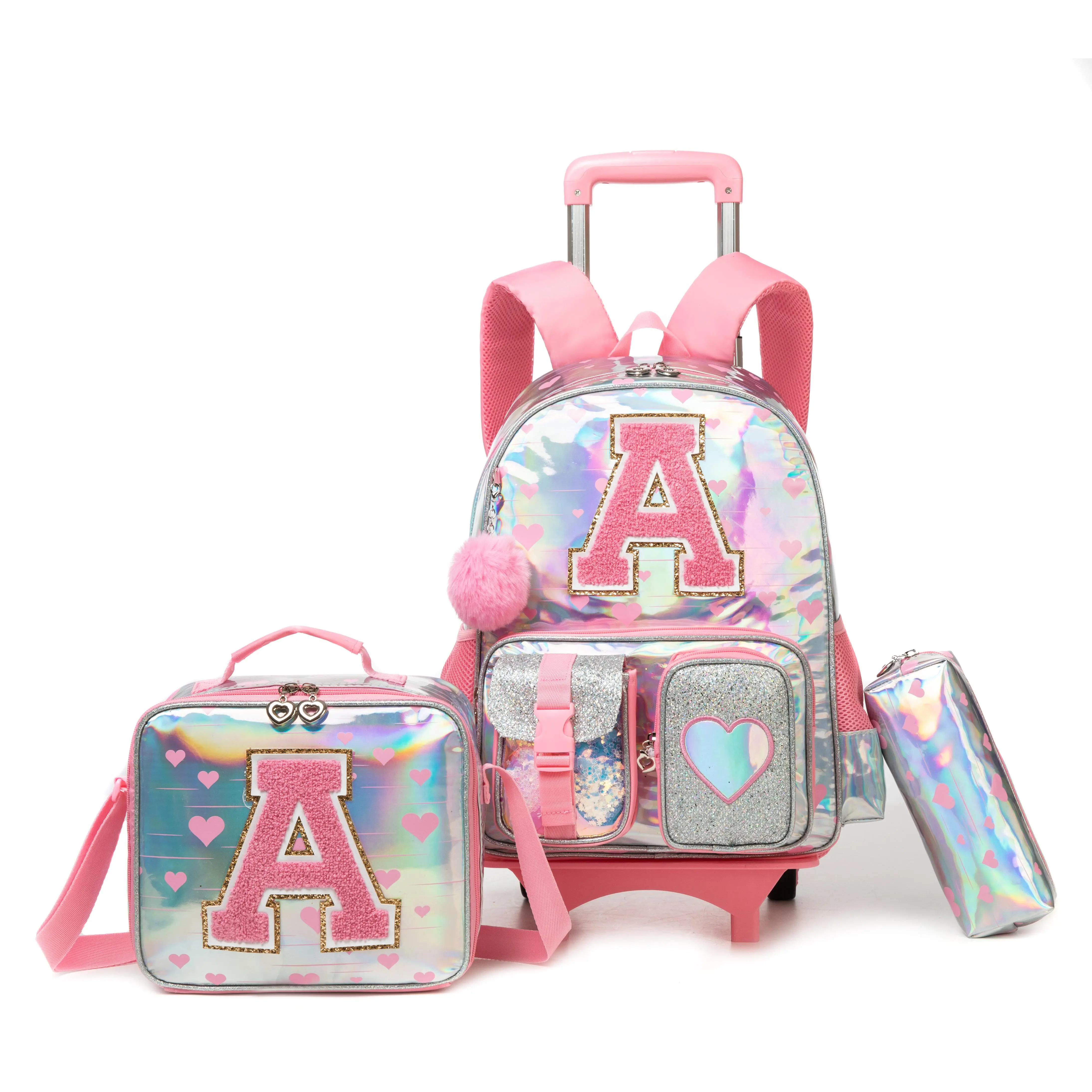 Cute Holographic Letter A Rolling Backpack Set for Girls | 3-in-1 Backpack + Lunch Bag + Pencil Pouch | Sweet Design | Back to School Essentials aesthetic bookbag
