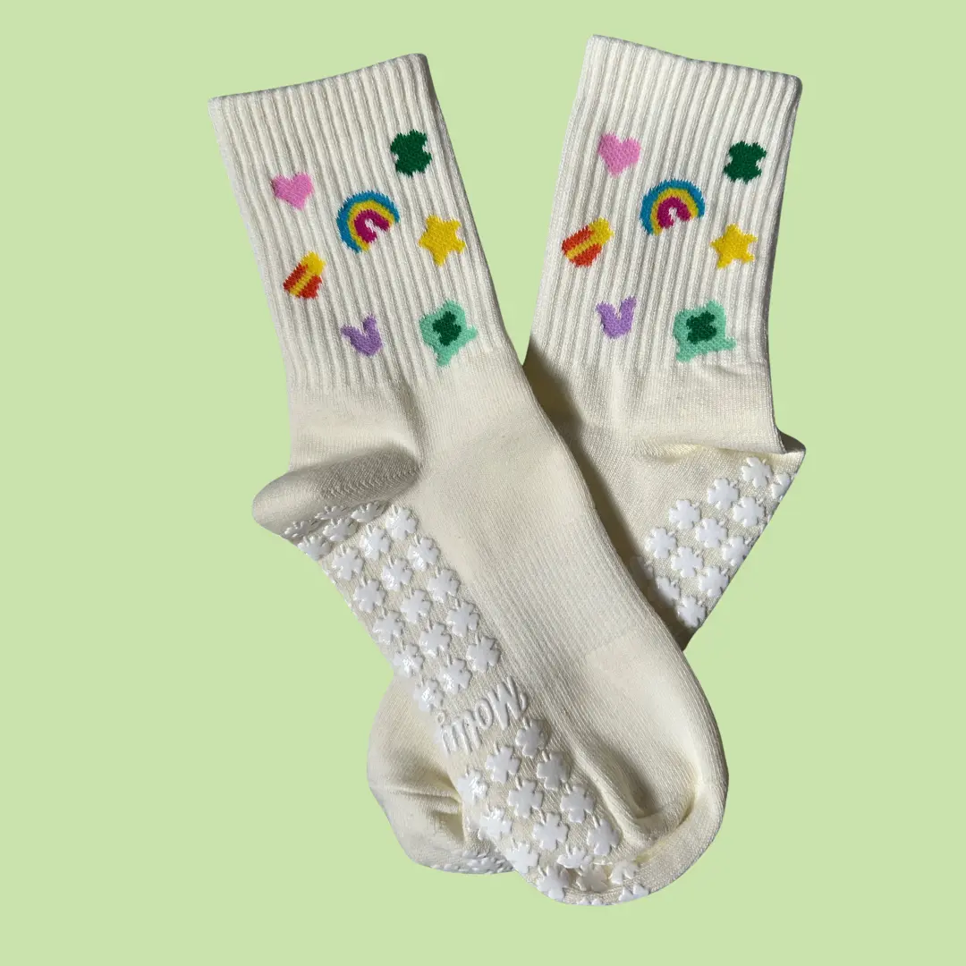IN MY LUCKY ERA cream grip sock with white four leaf clover grips for pilates, lagree, yoga or barre