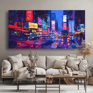 Neon City modern abstract canvas wall art-vibrant urban night scene painting with solid wood edging frame, high quality ink printing, suitable for living room, bedroom, office and home wall decoration.
