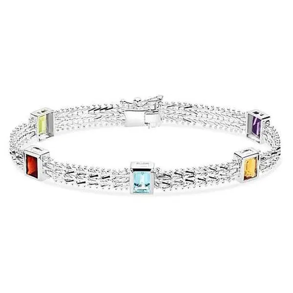 Imperial Silver Sterling Silver Multigem Wheat Chain Bezel Bracelet