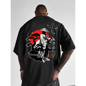 Men's Y2K Japanese Samurai & Red Moon Graphic T-Shirt - Breathable Stretch Fabric, Loose Fit Casual Tee for Summer, Machine Washable Outdoor & Home Wear, Japanese T Shirt, Bold Graphic Print, Comfortable Fabric