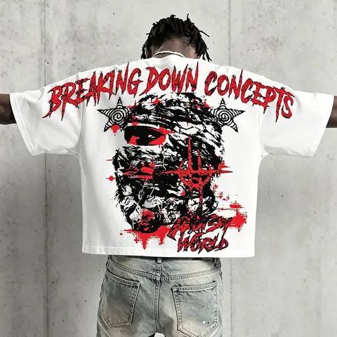 Summer 2026 Trending Men's Short-Sleeve T-Shirt: Dark Punk Style with Graffiti Print (Unisex/Y2K). Features red and black graffiti, thorn, and pentagram graphics, plus a bandage-style masked figure print; loose, cropped streetwear fit. Art Graphic Tee