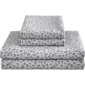 Leopard Printed King Bed Sheets, Soft Microfiber Bedding Sheets & Pillowcases, Deep Non-Slip Fitted King Sheet, Silver Grey Animal Pattern Bedsheets