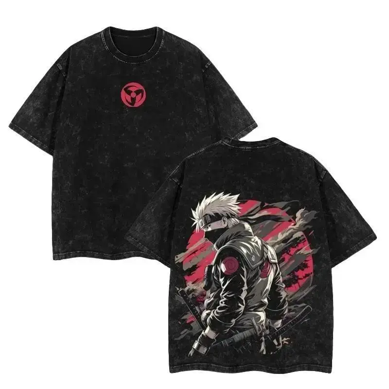 Unisex ANBU Kakashi Naruto Double-Printed Vintage Washed Ribbed Seamless Heavyweight Cotton T-Shirt - 90s Graphic American Casual Short-Sleeve Top, Premium Soft Apparel for Anime Fans (Daily, Streetwear Use), Tshirt, Shortsleeve