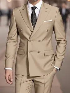 2pcs Men's Casual Suit Two-Piece Set, Suit Jacket + Trousers, Non-Stretch Fabric, Solid Color, Regular Fit, All-Season, Peak Lapels, Casual Style, Formal & Plus Size Mens Suits, Menswear