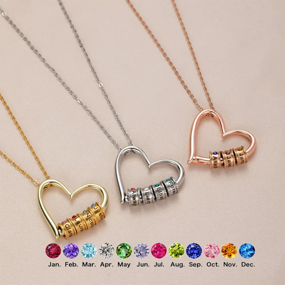 N2135 For Mother's Day Best Gift To Make Mom Cry Personalized Custom Engraving Name Hollow Love Beaded Pendant Stainless Steel DIY Birthstone Necklace Gift for Men and Women