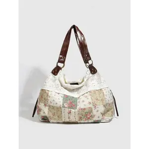 2026 New Retro Floral Plaid Underarm Bag for Women, Delicate Lace Splicing Design, Large Capacity Elegant Lightweight Purse Shoulder Bag, Everyday Purse for Vacation and Shopping