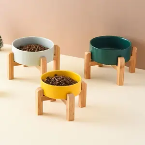 Ceramic Pet Dog Food Bowl with Elevated Bamboo Stand, Neck Support Design to Prevent Spills, Perfect Cat and Dog Feeding Dish