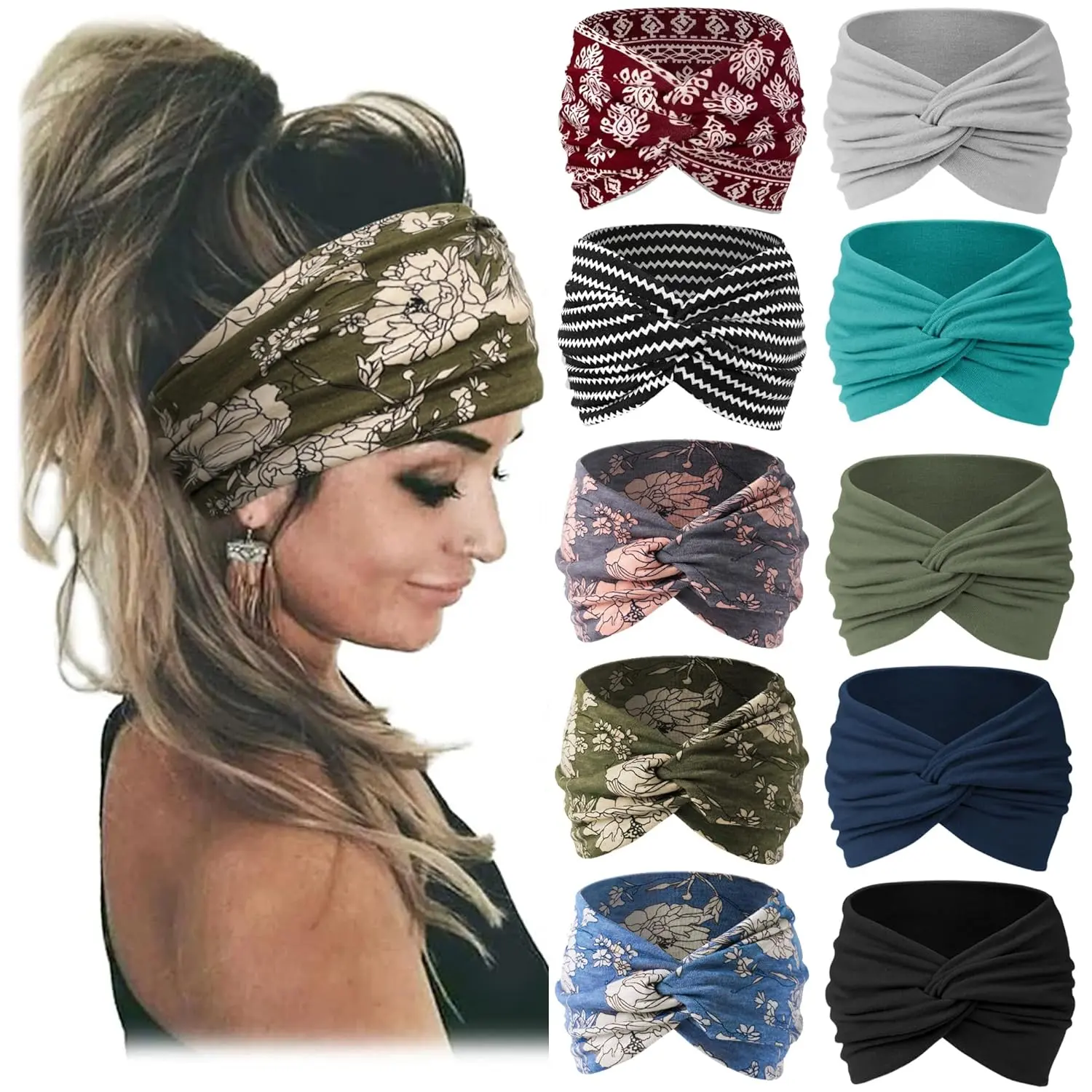 10 PCS Women Headbands African Wide Hair Wrap Extra Turban Head Bands for Lady Large Sport Workout Stretch Non-slip Big Hair accessories Bands