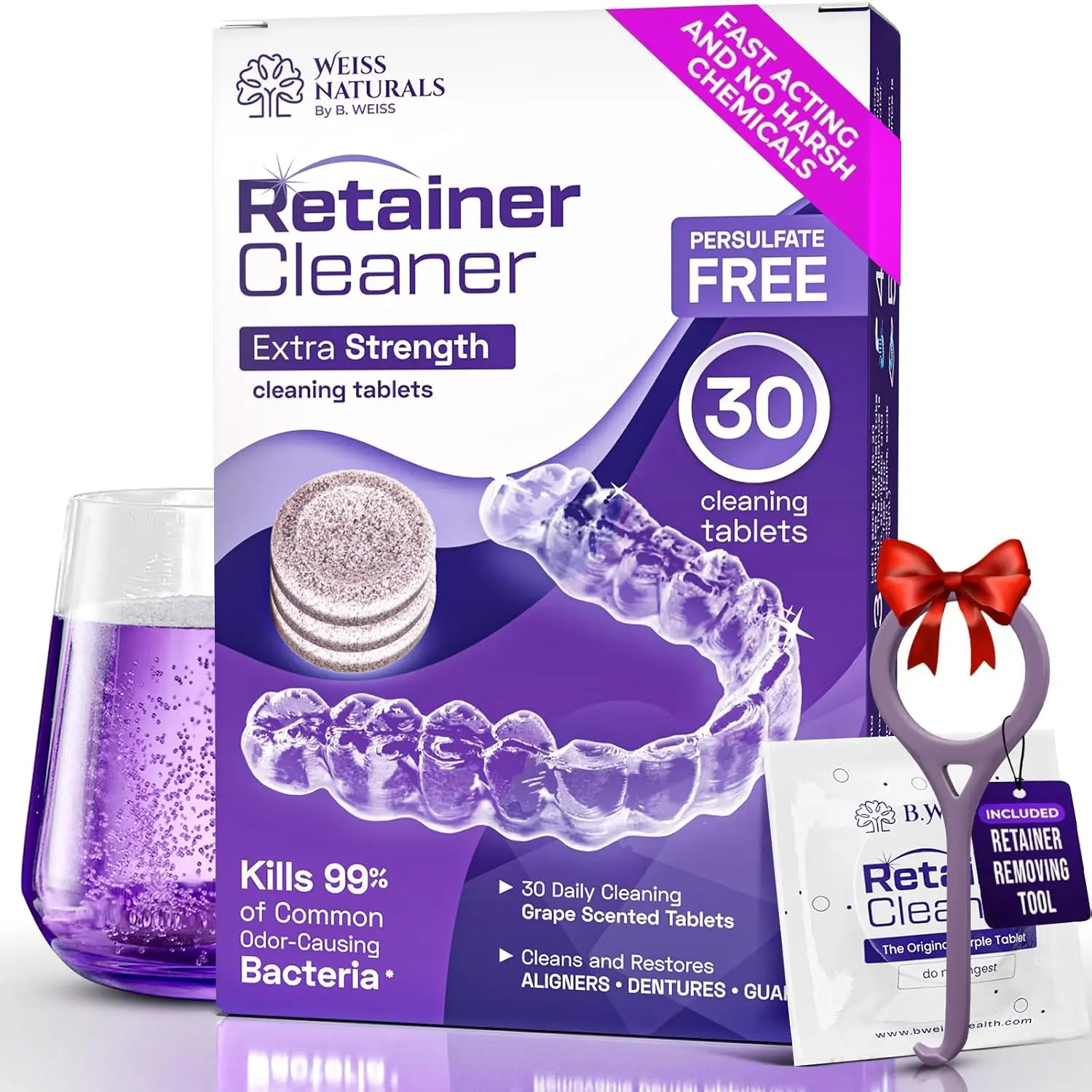 Retainer Cleaner Tablets Invisalign cleaner -Remove Bad Odors Discoloration Stains & Plaque, Mouth Guard Cleaner, denture cleaning tablets for Ultrasonic Cleaners, Fresh Grape Scent