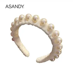 ASANDY Luxury Pearl Embellished Headband - Velvet Padded Hairband with Oversized Pearls | Elegant Wedding & Party Headpiece