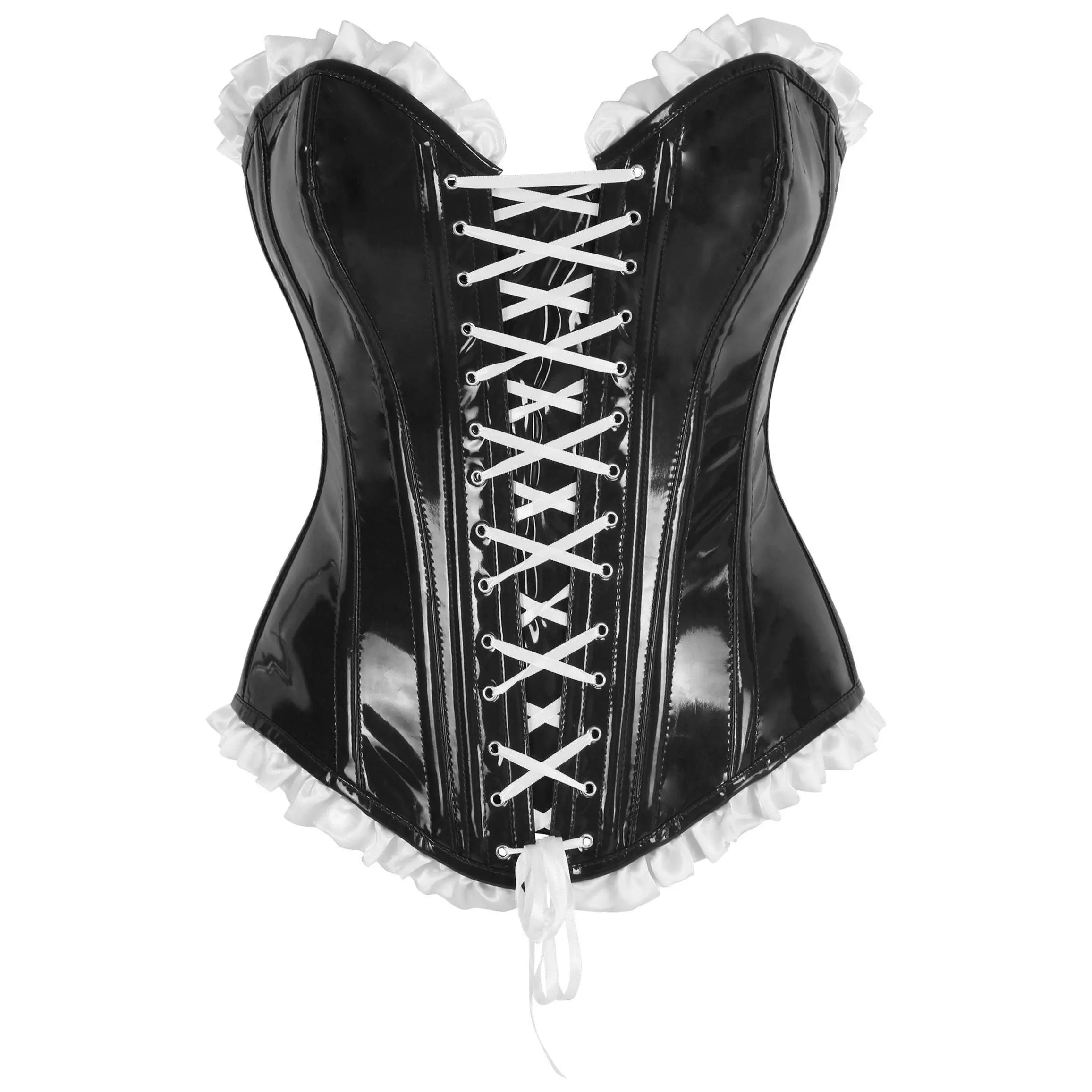 Top Drawer Steel Boned Black Vinyl PVC Patent Lace-Up Corset Top