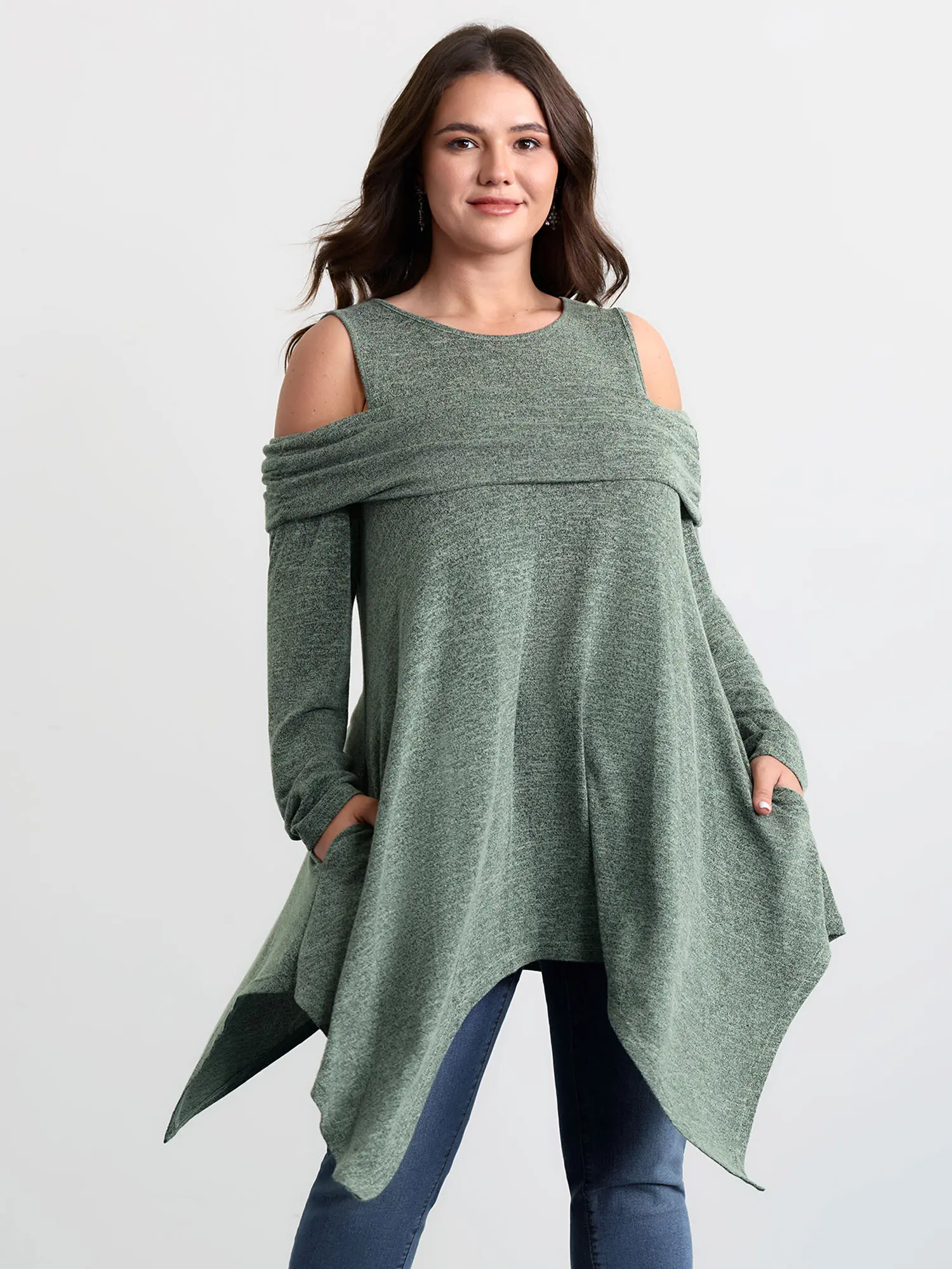 BloomChic Women's Shirts, Leisure Off-Shoulder Pleated Tunic in Butter-Soft High Stretch Spandex Fabric, Garment, Pocket
