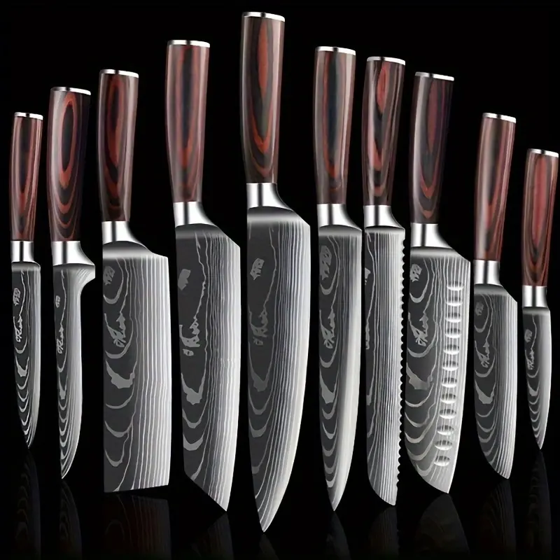 Damascus Patterned Kitchenware Knives Set (7-Piece/5-Piece/3-Piece Options), High-Hardness Stainless Steel Cooking Knives, Ultra-Sharp with Anti-Slip Handles, Ideal for Meal Preparation & Outdoor Camping, Holiday Gift Option