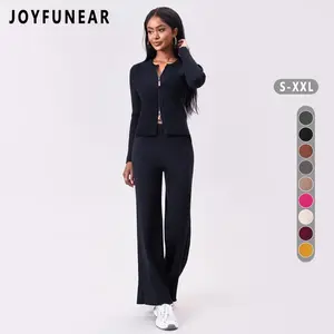 Joyfunear Women's Casual Solid Color Ribbed Knit Zip-Up Cardigan & Wide-Leg Pants Set - Adjustable Fit, Long Sleeves, Loungewear