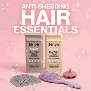 ANTI-SHEDDING HAIR ESSENTIALS Bundle - Kitsch - Rice Water Protein Shampoo Conditioner - Scalp Exfoliator - Detangling Hair Brush - Hair Catcher Shower Drain - Haircare
