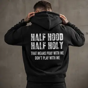 Men’s Half Hood Half Holy Graphic Hoodie, Faith Inspired Streetwear Pullover Sweatshirt, Casual Back Print Hooded Sweatshirt for Men