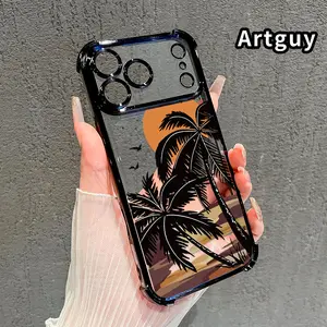 Sunset Palms Pattern Four Corner Anti-Fall Phone Case Transparent Electroplated Protective Cover for iPhone 17 Pro Max Air 16 15 Plus 14 13 12 11 E