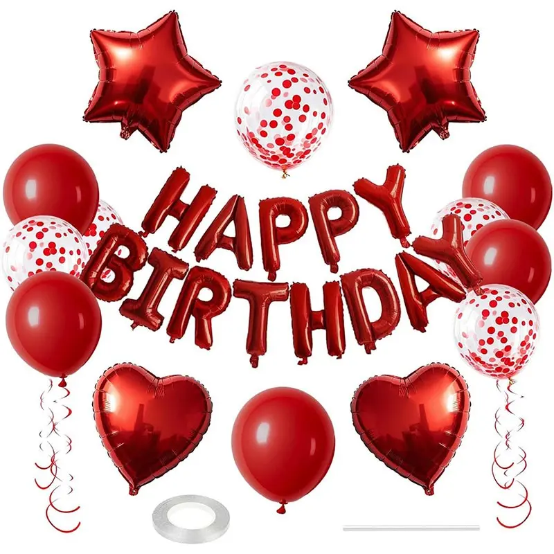 29 Pcs Red Birthday Decorations, 3D Foil Red Happy Birthday Balloon Banner, Pentagram Heart Foil Balloons Confetti Balloons Kit For Boys Girls Birthday Party Supplies, Balloon Set