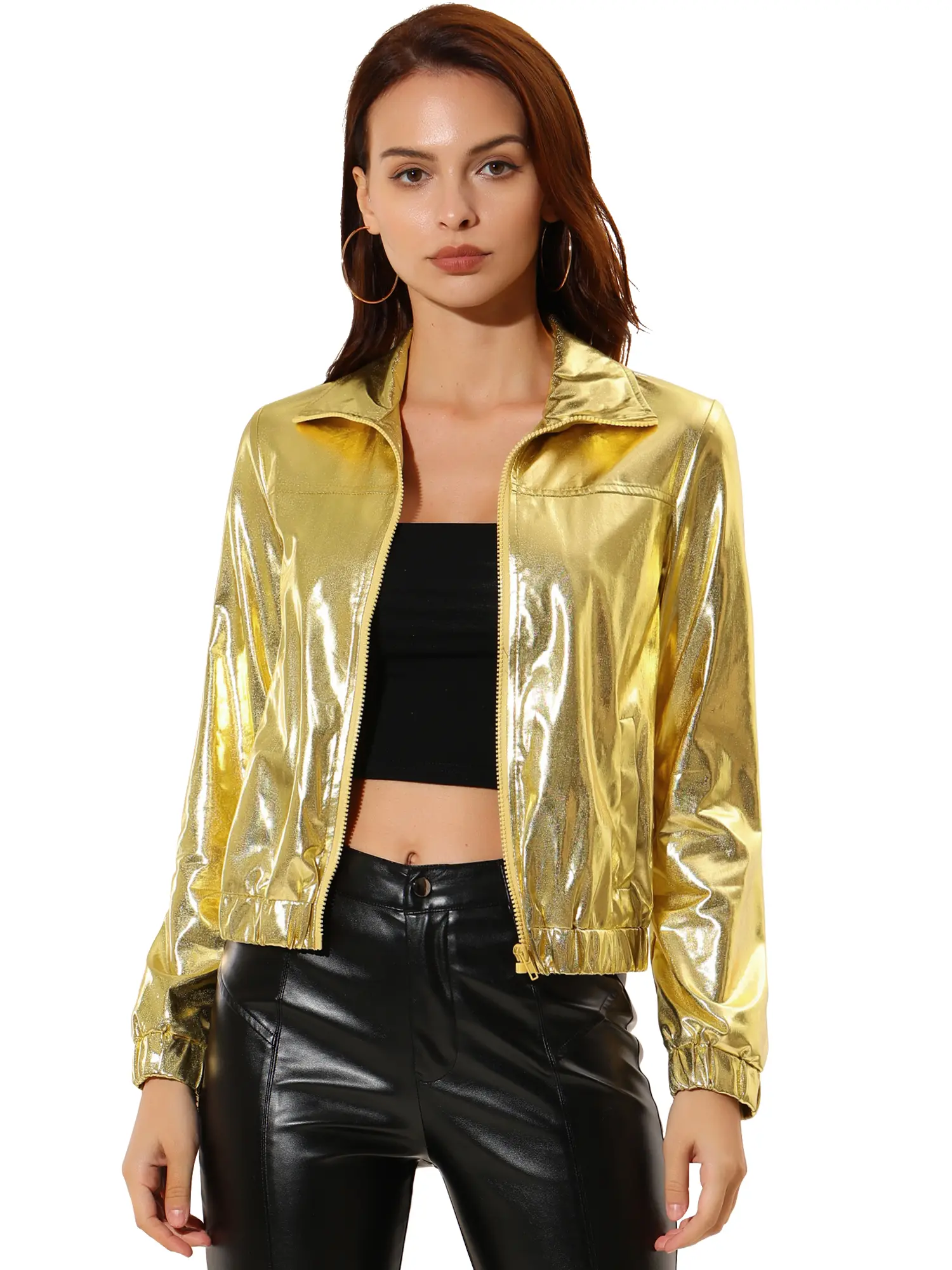 INSPIRE CHIC Holographic Shiny Party Long Sleeve Lightweight Zipper Metallic Jacket