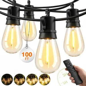 Outdoor LED String Lights 100Ft Waterproof Dimmable Patio Porch Lights with Remote Shatterproof S14 Bulbs Connectable Hanging Lighting for Gazebo Backyard Bistro Pergola