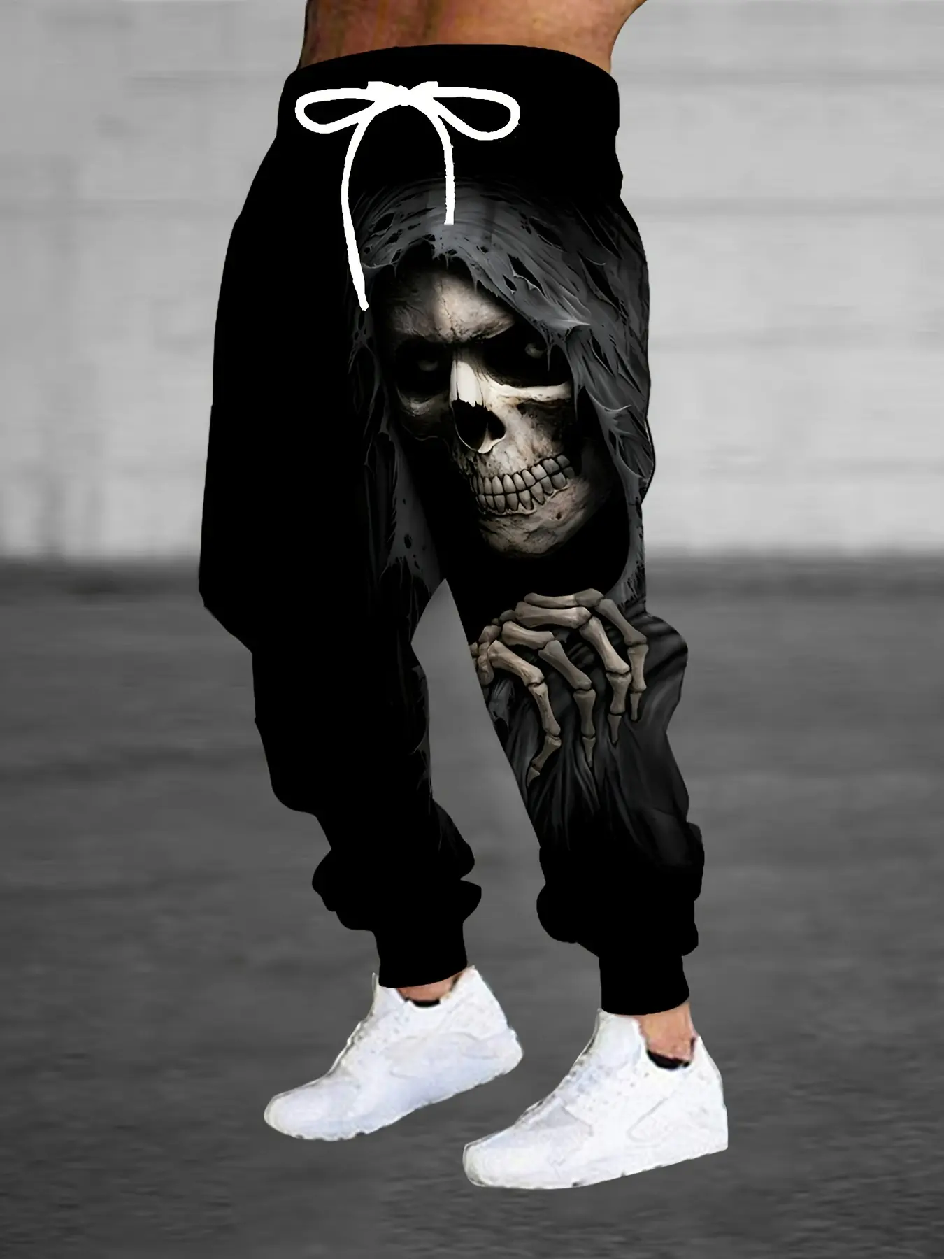 Dark Skull Reaper Print Cuffed Slim Fit Sweatpants, Gothic Sweatpants, Street-Style Cool Model, Skeleton Print, Athleisure Pants, Graphic Print Pants, Fitted Sweatpants