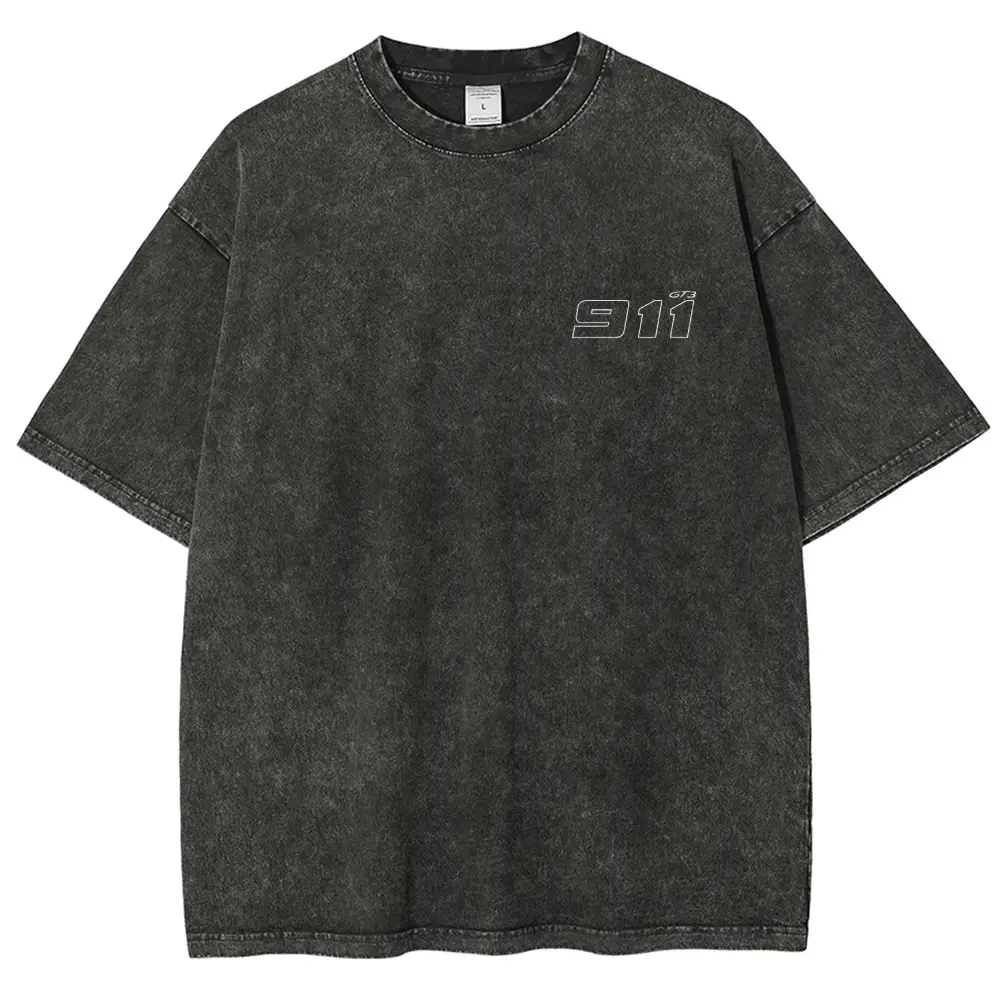 Vintage Washed Black 911 Sports Car Graphic T-Shirt, Porsche Inspired Racing Tee, Retro Distressed Streetwear Men Casual Short Sleeve Shirt