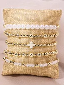 Boho Style Faux Pearl Decorated Stackable Bracelet Set, Fashion Cross Charm Beaded Bracelet for Women & Men, Trendy All-Match Jewelry