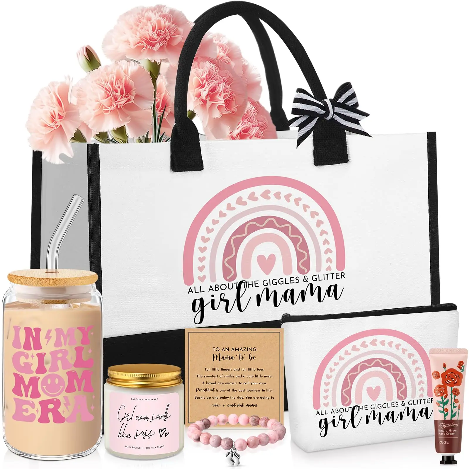 7 Sets Gift Basket for Women New Mom Gifts for  Wife Sister Friends Boy Mom and Girl Mom with Tote Bag Makeup Bag Candle Bracelet Cup Hand Cream Care Package for Mother Day Baby Shower Pregnancy Postpartum First Time Mommy Essentials