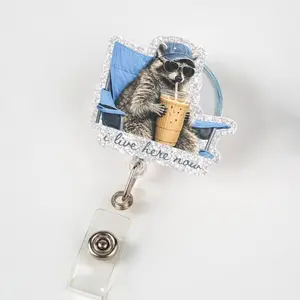 Funny Raccoon Badge Reel, I Live Here Now, Nurse ID Holder, Coffee Lover Clip