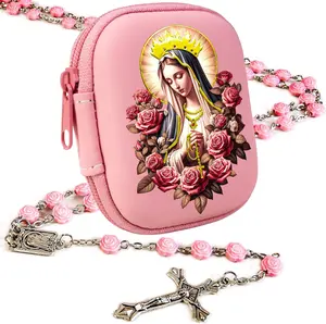 Catholic Rosary for Women with Classic Pearl Beads & Gilded Maria Pattern Zippered Prayer Box - Confirmation & Baptism Jewelry Gift