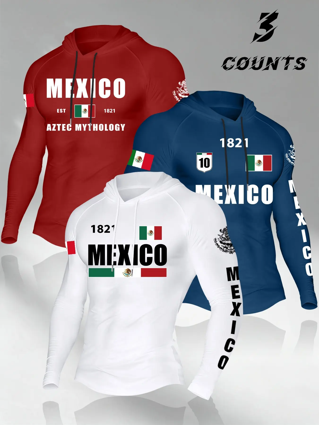 Mexican Culture Hooded Long Sleeve 3-Piece Set, Athletic Clothing, Men's Flag Print Sportswear, Athletic Apparel, Ideal Gift for Patriots, All-Season Fitted H-Type